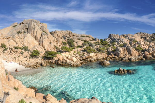 Panoramic view of Cala Coticcio beach on the island of Caprera, located in the La Maddalena archipelago national park, Sardinia -Italy