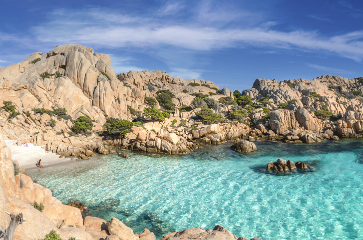 Panoramic view of Cala Coticcio beach on the island of Caprera, located in the La Maddalena archipelago national park, Sardinia -Italy